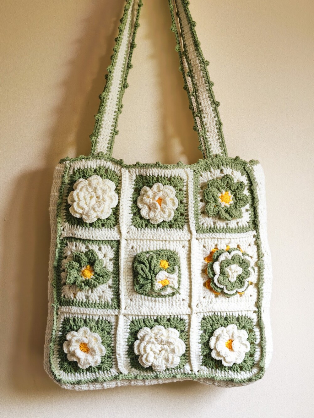 Handmade Crochet Floral Tote Bag, Market Shoulder Bag, Boho Purse